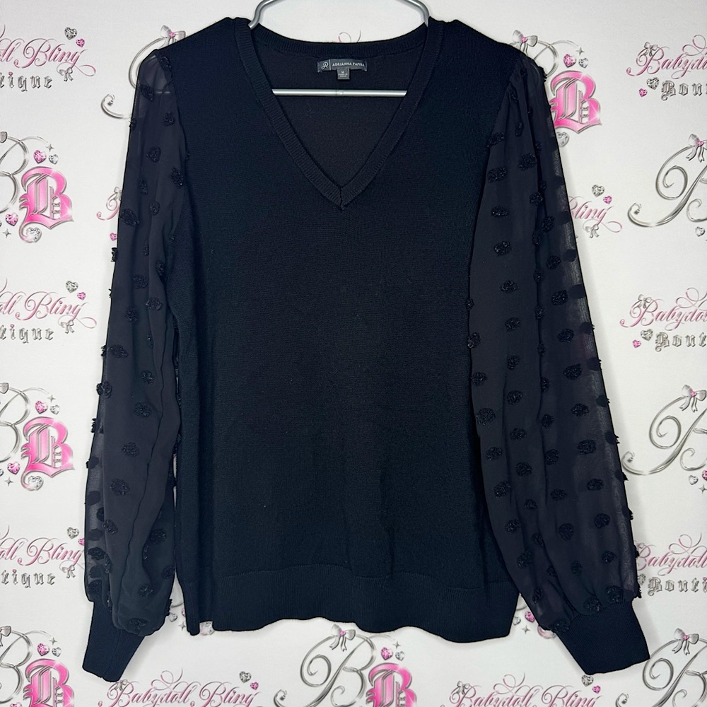 Adrianna papell long sleeve black Pom pom polka dot arms mesh stunning blouse